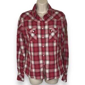 Panhandle Slim Pearl Snap Red Plaid Embroidered Sleeve Shirt Womens Size Large